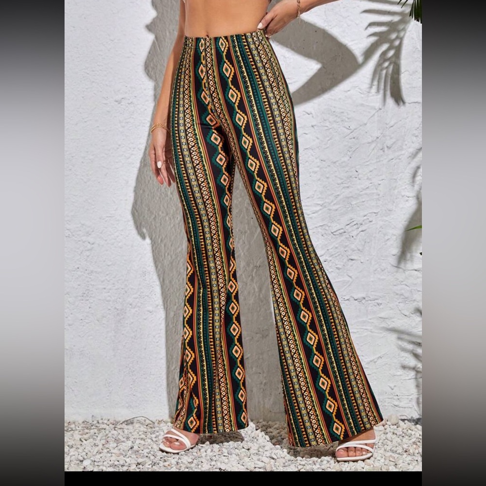 Tall Beach Summer Bohemian Hippie Flared Pants With Geometric Pattern And Bell